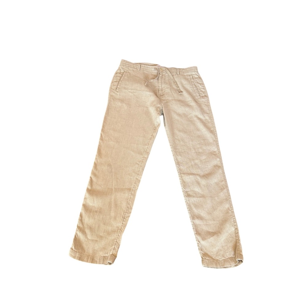 Porter & Ash Men Linen Blend Drawstring Pants Beige Straight Leg Casual SZ 34